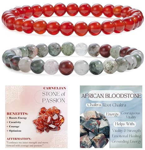 Bivei 2 Piezas 4mm pulseras piedras naturales - Cornalina, Jaspe Sangre Africana - Pulsera Piedras Naturales Mujer Hecha a Mano para Yoga, Meditación y Regalos de Protección