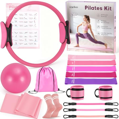 Pilates Essentials Kit for 5.2-5.7 FT Women, 14'' Magic Circle Home Pilates Equipment Ring and Ball Set, 5 Resistance Bands Workout Guide for Balanced Resistance Full-Body Workout Set for Beginners