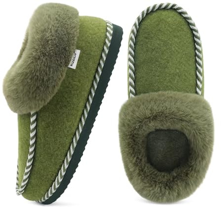 KuaiLu Womens Memory Foam Slippers Ladies Cosy Warm House Shoes Fluffy Plush Fur Lined Winter Comfy Felt Ankle Moccasin Indoor Outdoor Hard Sole Orthotic Arch Support Plantar Fasciitis Green 6