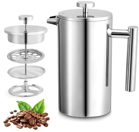 Pecihiko 12oz / 350ml French Press Coffee Maker – 3-Cup Stainless Steel Double-Wall Insulated Cafetière for Home, Office, Travel, Camping – Portable Coffee & Tea Brewer (12oz)