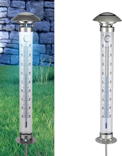 mucHome XXL Thermometer mit Solar Beleuchtung - Außenthermometer mit Erdspieß 112 cm - kaltweißen LED mit Dämmerungssensor - Outdoor Thermometer für Garten Terasse Balkon Gartenthermometer