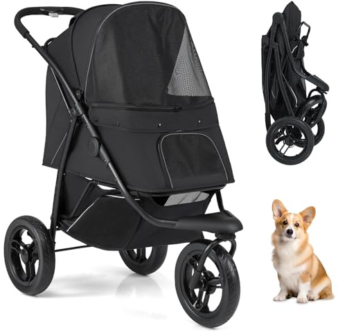 GOPLUS Carrito para Perro con Protección Solar Ajustable, Cochecito para Mascotas de 3 Ruedas con Cesta de Almacenaje, Laterales de Malla Transpirable, Plegado con un Solo Clic, Carga 25 kg (Negro)