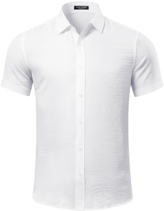 Casey Kevin Camisas Hombre Manga Corta Casual Verano Poliéster Efecto Lino Camisa Informales Transpirable Verano con Botónes Shirt Regular Fit para Playa Boda