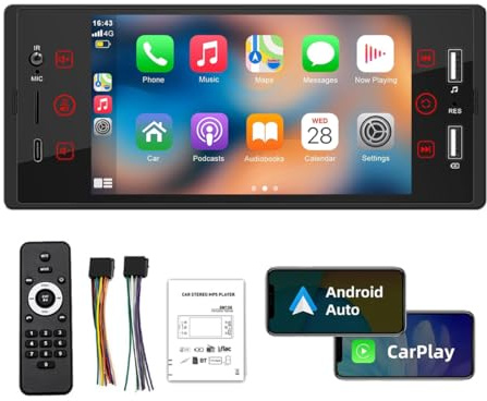 Estéreo para automóvil de un solo DIN con Carplay inalámbrico Android Auto, radio para automóvil con pantalla táctil de 5 pulgadas con Mirror Link, Bluetooth, FM, carga USB tipo C, TF, EQ, SWC