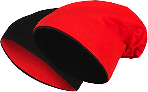 2 in 1 Wendemütze - Reversible Slouch Long Beanie Jersey Baumwolle elastisch Unisex Herren Damen Mütze Heather in 24 (8) (Black/Red)