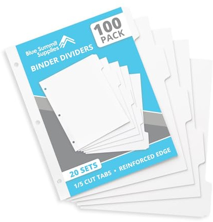 Blue Summit 3 Ring Binder Dividers with Tabs, Reinforced Edge, 1/5 Cut, Letter Size, 5 Tab Dividers for 3 Ring Binder Bulk, White, 20 Sets, 100 Pack
