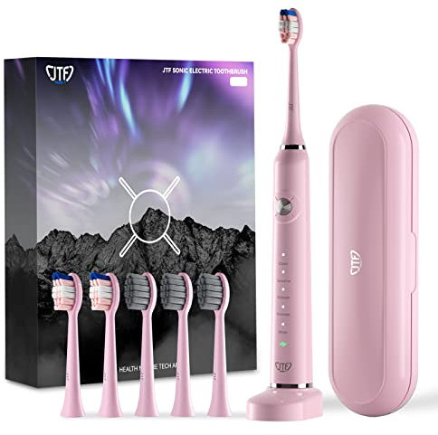 JTF Sonic Electric Toothbrush Adults, Portable Rechargeable Toothbrush with 6 Brush Heads 5 Modes,40000 VPM Deep Clean, 60 Day Battery & Timer, IPX7 Waterproof, Toothbrush Holder, Travel Case, Pink