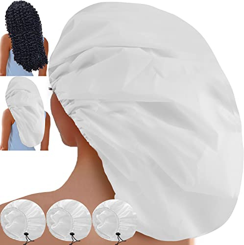 Sheomern 3 Pcs Super Jumbo Adjustable Satin Lined Shower Caps for Long Hair & Braids, Extra Extra Large Shower Cap for Women & Men, XXL Shower Cap with Waterproof Edge for Dreadlocks, Locs (White)