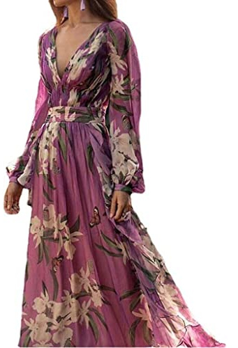 WXTRE Vestido Casual Vestido de Fiesta de Verano para Mujer, Manga Larga, Cuello en V, Estampado, Tipo Swing Grande, Moda Informal, Vestidos de Mujer morados Lavado a máquina