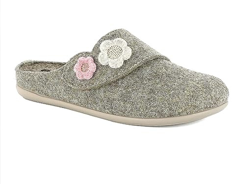 Pantofole Donna ECOFRIENDS con Fiori e Strappo, Ciabatte Invernali con Pratico Strappo e un Sottopiede Imbottito Estraibile, Tortora, 36