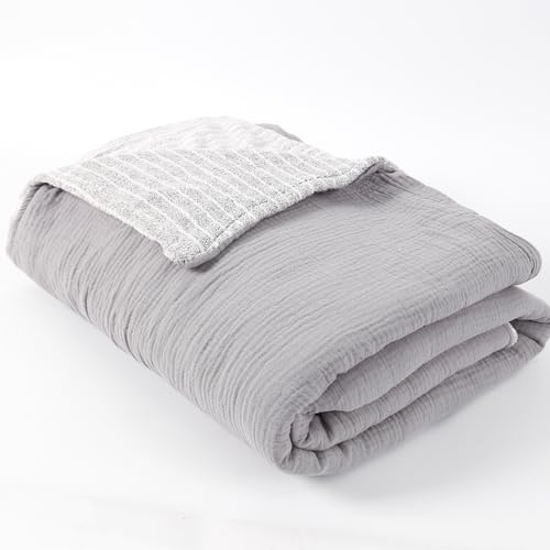 Dormlony Muslin Cotton Throw Blanket with Flannel for Bed,Super Soft Muslin Blanket with Cozy Flannel for Adults 55 * 72inches,Grey.