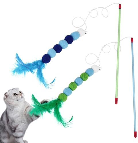 2Pcs Cat Feather Toys,Cat Wand Toys with Bell and Plush Balls,Colourful Interactive Kitten Teaser Pet Toy Wire Chaser Wand Teaser Feather for Pet Indoor Playing Exercising Interactive Training