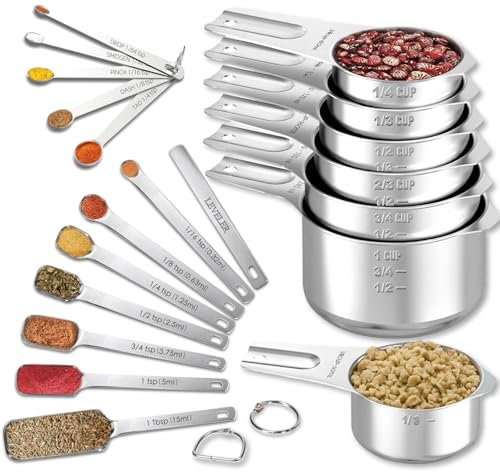 Stainless Steel Measuring Cups & Spoons Set of 20 - Includes 7 Nesting Cups, 7 Narrow & 5 Mini Measuring Spoons with Leveler Fits Spice Jars, Engraved Markings for Dry & Liquid Ingredients