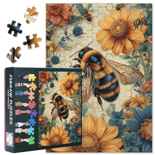 Bees 1000 Piece Jigsaw Puzzles for Adults Beehive and Florals Relaxing Puzzles Scrapbooking Styles Artwork Puzzle Yellow Orange and Green Fun Puzzle Wall Decor Living Room(27.5x19.7in)