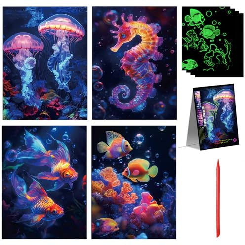 CENCERY 5Pcs Ocean World Glow in The Dark Scratch Art Cards, Sea Animals Scratch Art for All Ages, Party Bag Fillers, Creative Birthday