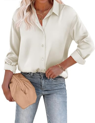 Satinblusar för kvinnor, långärmade satinsilkesskjortor med knappar avslappnade affärsmässiga blusar höstkläder, BEIgE, S