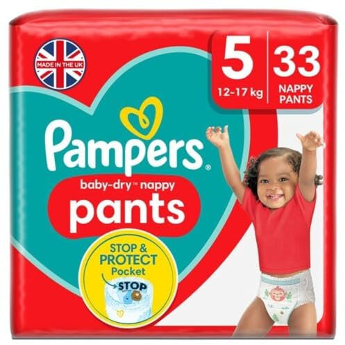 Pampers Baby-Dry Nappy Pants Size 5, 33 Nappies, 12kg-17kg, Essential Pack, 360° Fit To Help Prevent Gaps And Leaks