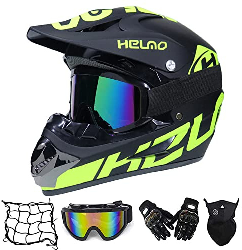 MRDEAR Motocross Casque Cross Adulte Accessoire Moto Cross avec Goggle/Gants Moto/Masque, Casques Moto Cross Enfant Casque VTT Integral BMX Velo Quad Enduro ATV Scooter, Noir et Vert,L