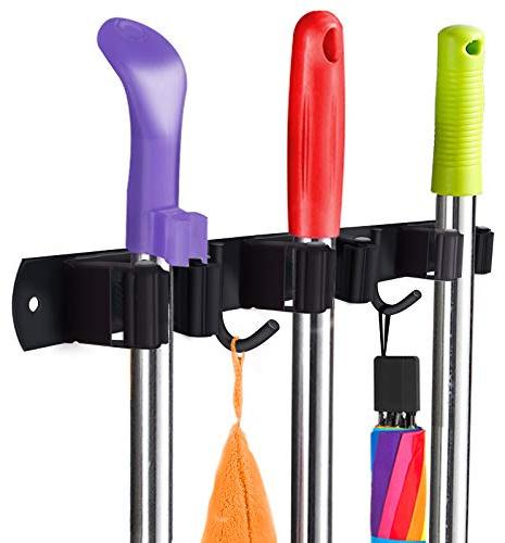 Huryfox Mop und Besenhalterung Wandmontage - Robuste Edelstahlhalterung mit Mehreren Haken, Einstellbarem Design und Vielen Aufbewahrungsmöglichkeiten, Ideal für Garage, Küche, Wäscherei, Badezimmer