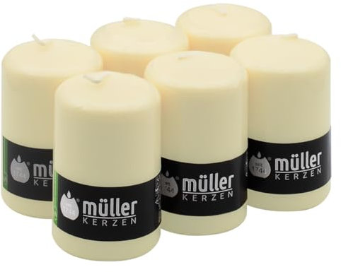 Müller Kerzen - Lot de 6 Bougies Piliers Ivoire - Ø 68 x 110 mm - 35 Heures Longue Durée - Cire Non Parfumées, Ne Coulent Pas, Sans Fumée - Bougie Deco Pour la Maison, Mariage - Qualité RAL