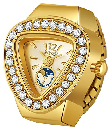 Silverora Ringuhr Fingeruhr für Damen und Herren, analoge Quarzuhr, arabische Ziffern, Zifferblatt, elastisches Band, Bling-Dreieck, Rosegold, Gold, Splitter-Fingeruhr