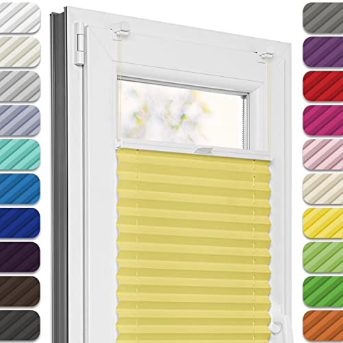 Estika Plissee ohne Bohren, Premium Klemmfix - 60cm Breite x 100cm Höhe - Gelb - Metal Plisseehalter ohne Bohren, Modern Sichtschutz für Fenster, Jalousien Fenster für innen