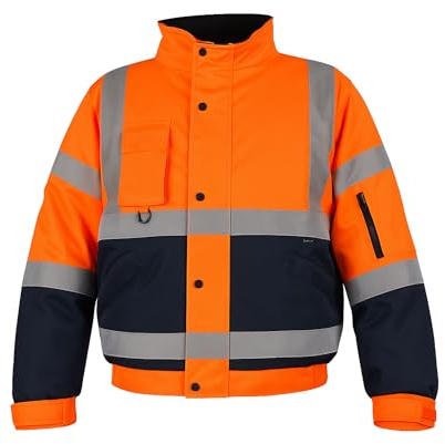 Step Ahead Mens Hi Vis Waterproof Bomber Jacket – EN20471 Certified Safety Workwear – Two Tone Reflective Jacket for Construction, Warehouse & Utility Use (Orange/Navy, L)