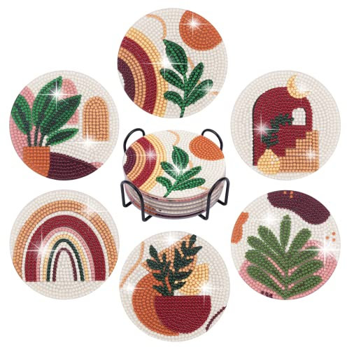 Temlum Diamond Painting Untersetzer mit Halter, 6er Set DIY Untersetzer Diamant Painting Set Basteln Erwachsene (Abstraktes Pflanzen)