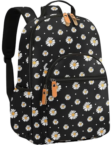 Leaper Zaino da scuola, borsa da viaggio, zaino da donna, motivo floreale resistente all'acqua, Margherita nera, L, Zaini tradizionali