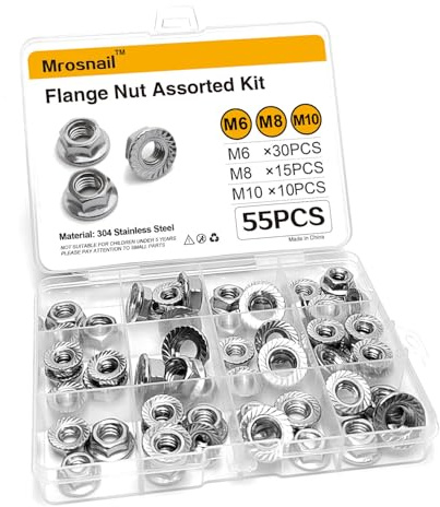 Mrosnail 55Pcs Flange Nut Assortment Kit - Metric M6, M8, M10 Stainless Hex Flange Nuts Steel for DIY Projects, Automotive Repairs, and Home Improvement
