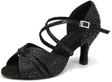 Uonpie Scarpe da Ballo Latino Donna con Strass Salsa Bachata Tango Performance Nero Scarpe Ballo da Sala, 37.5 EU