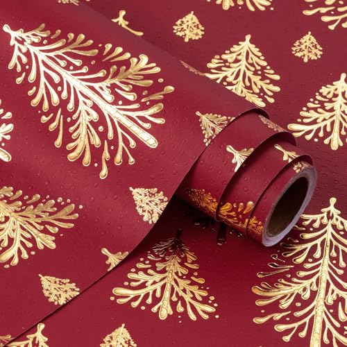RUSPEPA 3D Kraft Christmas Wrapping Paper Roll - Mini Roll - 43.2cm x 5m - Gold and Red Christmas Tree Design with Embossed Perfect for, Party Celebration