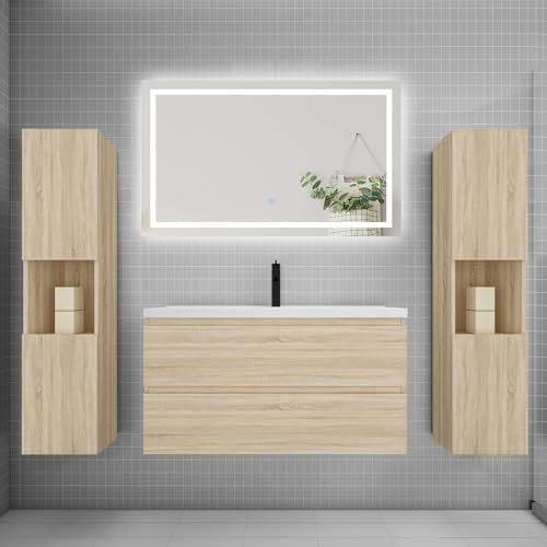 AICA Ensemble Meuble de Salle de Bains 100cm, Vasque + Colonne + LED Miroir Mural,chêne