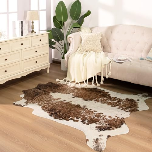NEOCOZY Exquisita alfombra de cuero vacuno, 2,4 x 3 m, estampado de vaca sintética para sala de estar, dormitorio, decoración de pared, antideslizante, color blanco camello