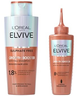 L'Oreal Paris Elvive Growth Booster Shampoo & Serum Set, Anti Hair Loss Shampoo & Serum for Men & Women, with Aminexil, Niacinamide & Ginger Extract, Reduces Hair Loss, 200ml & 102ml
