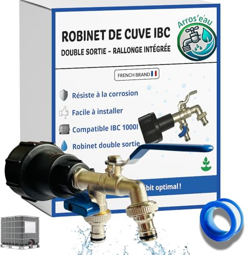 Robinet Cuve 1000L 1/2 S60X6 IBC- Extension Intégrée, raccord cuve 1000 litres, Double Sortie avec Rallonge Raccord Rapide & Étanche – Idéal pour Jardinage, Remplissage et Arrosage simultané
