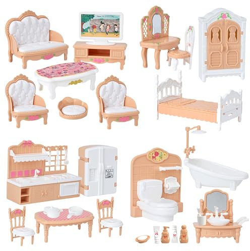 PANTIDE 32Pcs Dollhouse Furniture Set - Miniature Orange Play-set with Bedroom Kitchen Bathroom Role Play Toys for Girls Plastics Dolls House Accessories Great for Birthdays