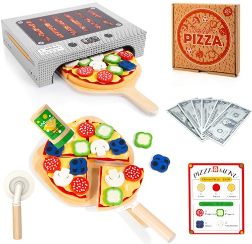 WOODMAM Pizza Toy Set, Montessori Realistic Play Food with Oven Box