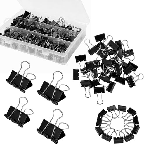 Vexnaro 170 Pezzi Mollette Pieghevoli, 15 mm/19 mm/25 mm/32 mm Clip in Metallo, Clip di Carta Stabili e Riutilizzabili, Clip Multiuso per Casa, Ufficio e Scuola (Nero)