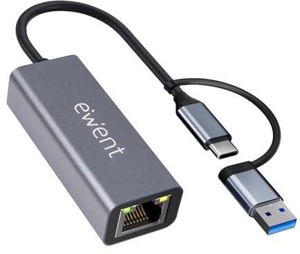Ewent USB-C till RJ45 Ethernet Adapter Gigabit 1000 Mbps, USB-C och USB-A, 15 cm kabel, kompakt aluminiumdesign, Plug & Play för PC, laptop och surfplatta, Windows, macOS, Linux, ChromeOS