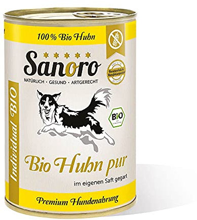 Sanoro Bio-Huhn pur mit Leber, 100% Bio-Huhn, salzfrei - Hundefutter in Bio-Qualität - singleprotein - für Ausschlußdiäten geeignet (12 x 400 g)