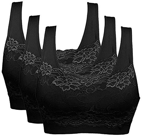 Vertvie dam stretch-bh utan byglar, push-up, yoga, sport bh, toppset för träning, stoppning, 3-pack, 3 svart, XL
