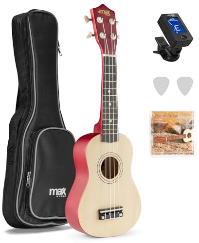 MAX UKEY Ukulele Komplett Set inkl. Plektren, digitalem Stimmgerät und Tasche, 21 mini Gitarre, Ukulele Erwachsene mit Zubehör für Anfänger, Soprano, 4 Nylon Saiten, 12 Bünde - Natur