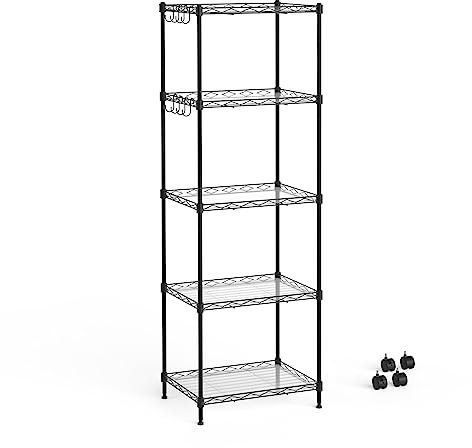 Mondeer Metallregal, 5-Stufiges Küchenregal, mit 8-Haken und 4-Rädern, PP-Trennwand, Höhenverstellbar, Geeignet für Küche Badezimmer Wohnzimmer Balkon, Schwarz