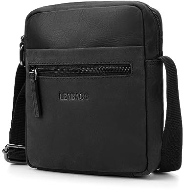LEABAGS Leder kleine Umhängetasche Herren I Messenger Bag mit Schultergurt I Schultertasche I Herren Reisetasche I Tragetasche I Handtasche I Handytasche I Leder handgefertigt I Nature Schwarz