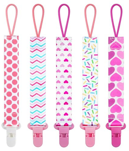 Aolso 5 Stück Baby-Schnullerkette, Schnullerclip für Baby, Schnullerhalter-Set mit Kunststoffverschluss, Baby-Beißspielzeug, passend für alle Schnuller, Schnuller und Beißspielzeug