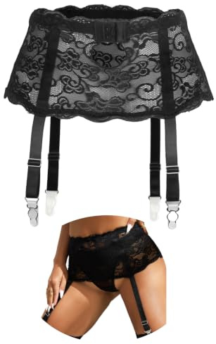 ohmydear Women Black Suspenders Belt for Stockings Mesh Plus Size Lace Lingerie Set Sexy Garters with 4 Adjustable Wide Straps Strong Clips, Size 16-18