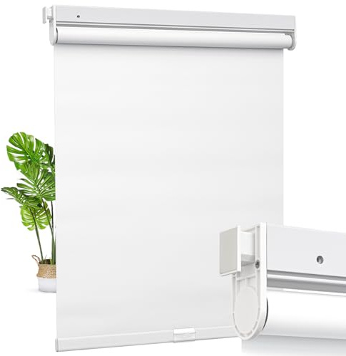 Pasoun No Drill Cordless Roller Shades No Tools 100% Blackout Roller Windows Blinds Waterproof Fabric Privacy Blinds Thermal Insulated Tension Shades for Home Office (White, Custom Size)