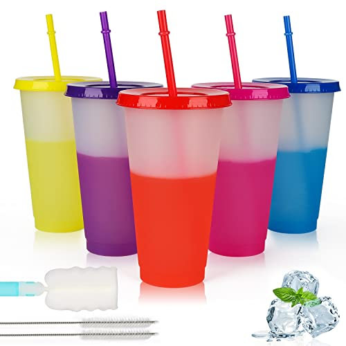 Trinkbecher mit Strohhalm & Deckel - 5 Stück Farbwechsel Becher 24oz Plastikbecher Smoothie Kaffee Becher To Go Reisebecher Tasse für kinder Erwachsene Wiederverwendbar Kunststoffbecher, Polypropylen