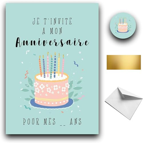 RXLITE KIT créatif premium Invitations Anniversaire Thème Gâteau : Lot de 10 belles Cartes à Gratter avec Stickers, Enveloppes Blanches et Autocollants Dorés pour une Fête Gourmande